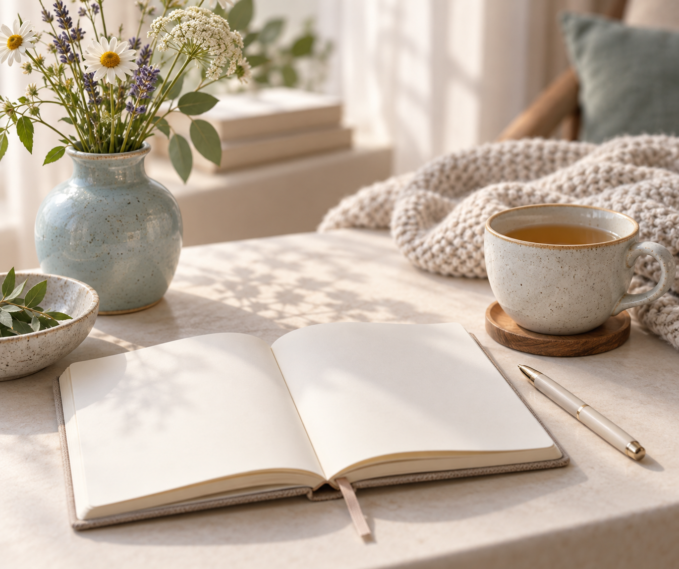 Journal, tea and flowers arranged in a quiet reflective setting